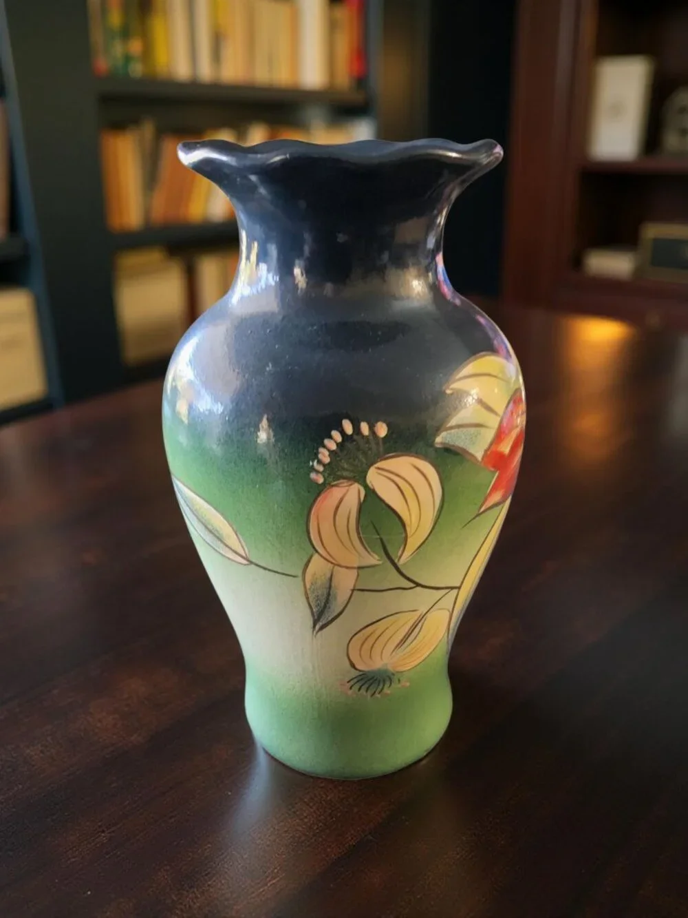 Vintage Hand - Painted Orchid Floral Clay Art Nouveau Vase